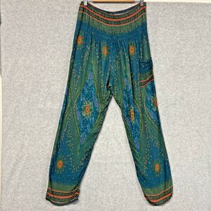 Boho Peacock Print Harem Pants Blue Elastic Waist One Size Fits S/M Festival